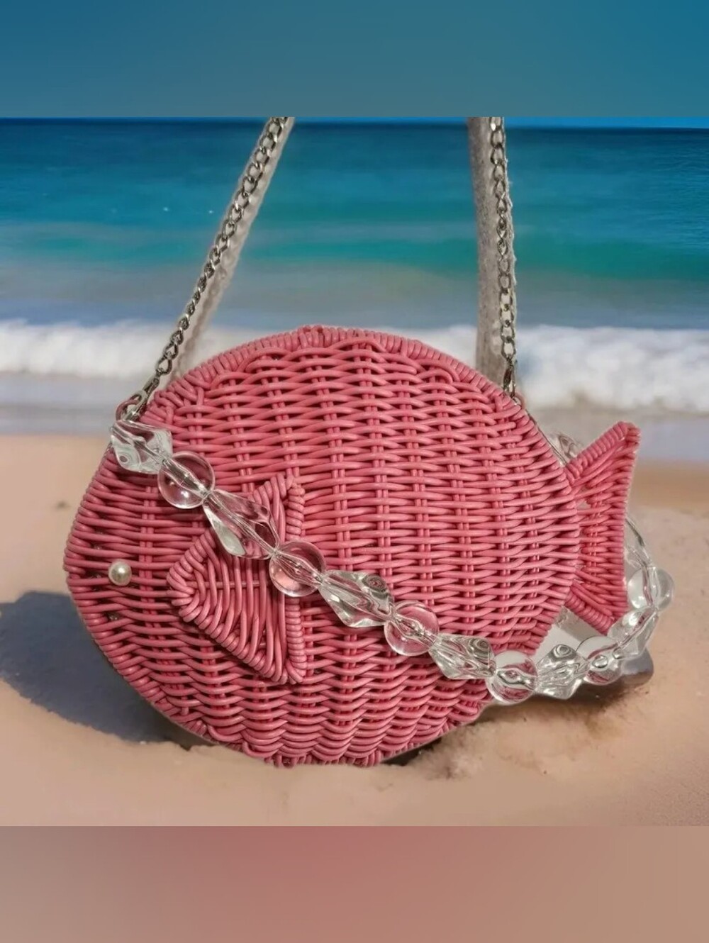 Tommy Bahama Tik Tok Famous Pink Wicker Fish Bag with Crystal Beaded Handle NWT